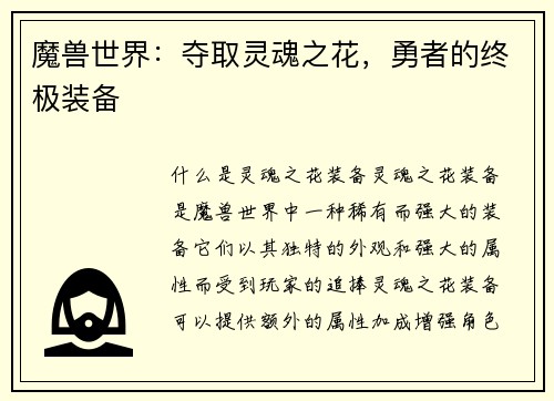 魔兽世界：夺取灵魂之花，勇者的终极装备